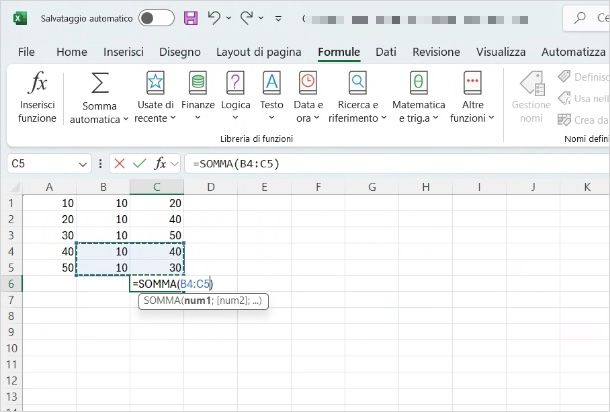 come fare sommatoria celle adiacenti Excel desktop