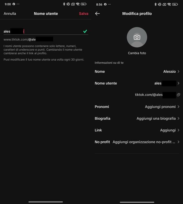 Cambiare nome utente TikTok Android