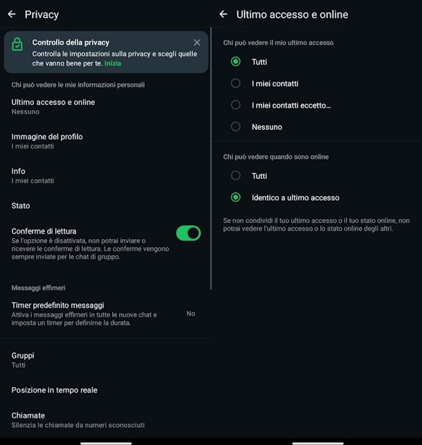 Privacy e accesso WhatsApp