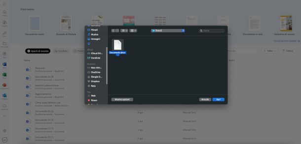 apertura file DOCX con Word online