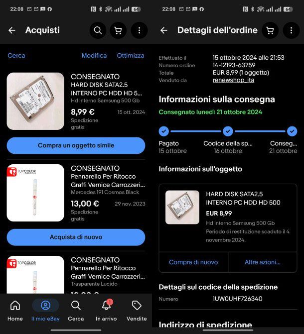 Ordini su app eBay