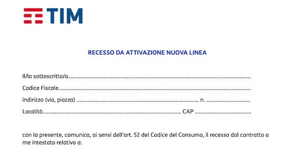 Modulo TIM per disdetta linea fissa per ripensamento