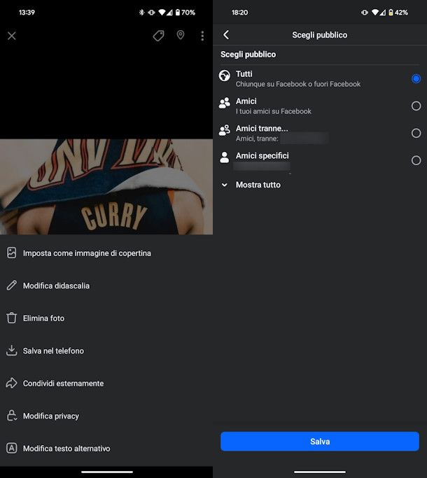 Modificare privacy foto su Facebook da app