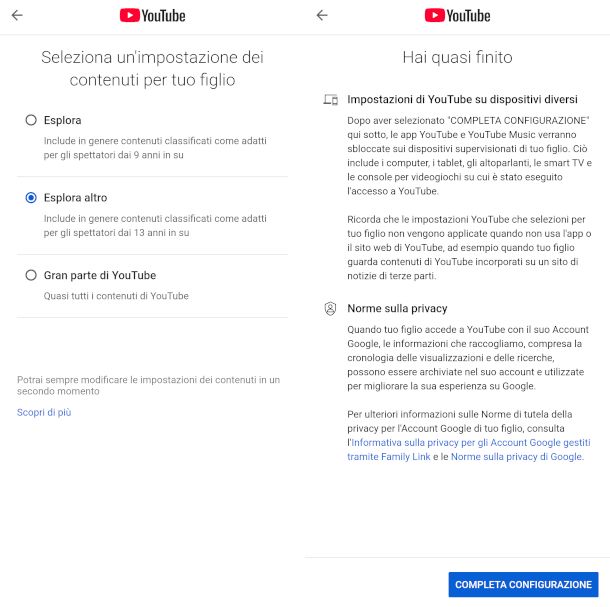 selezione contenuti YouTube su app Family Link