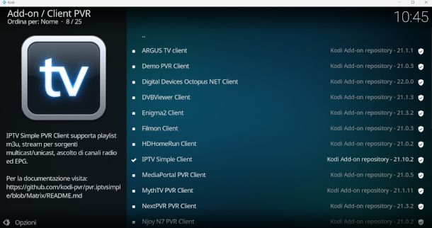 schermata client PVR su Kodi
