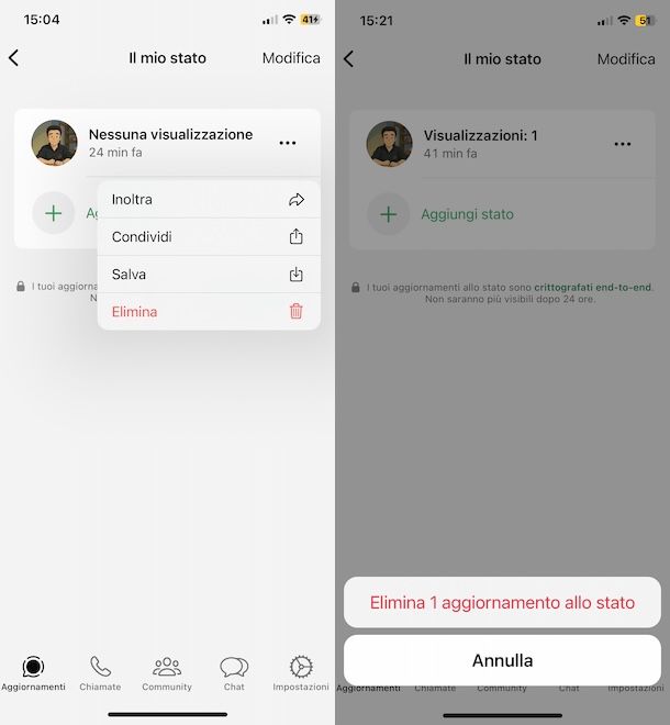 Eliminare una foto sullo stato di WhatsApp