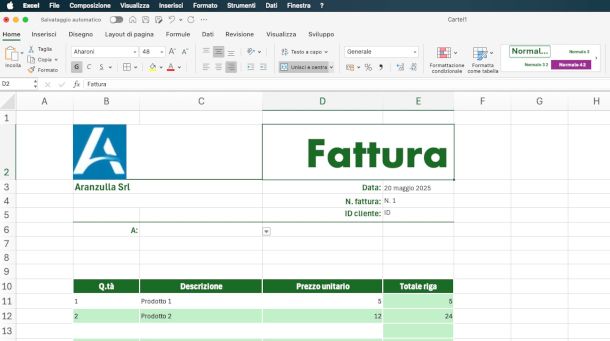 creazione foglio fattura su Excel