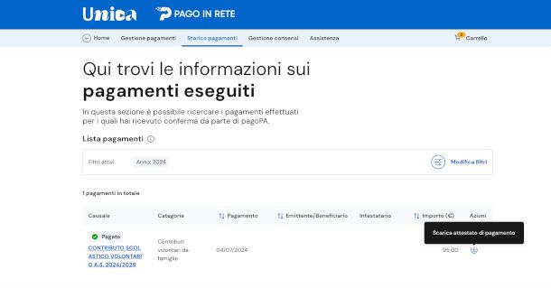 donload ricevuta contributo scolastico pagoPA da sito Pago In Rete