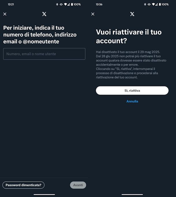 Riattivare account Twitter da app