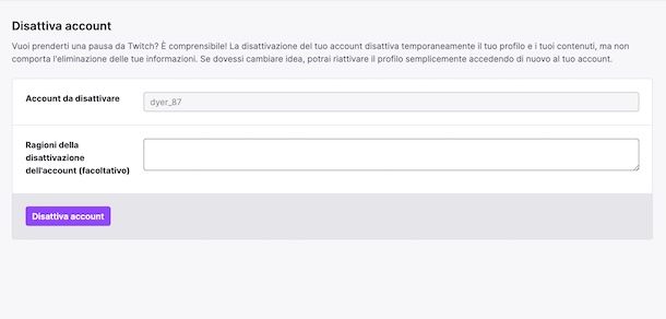 Disattivare account Twitch