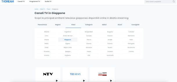 pagino sito Dream TV con i canali per Paese