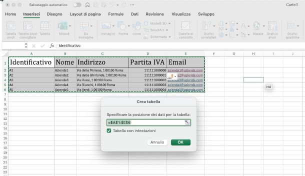 creazione tabella database su Excel