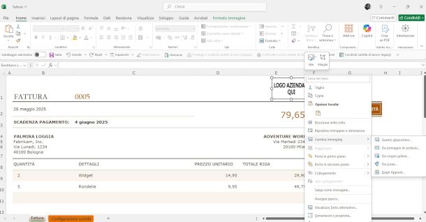 inserimento logo nel riquadro immagine su modello fattura Excel