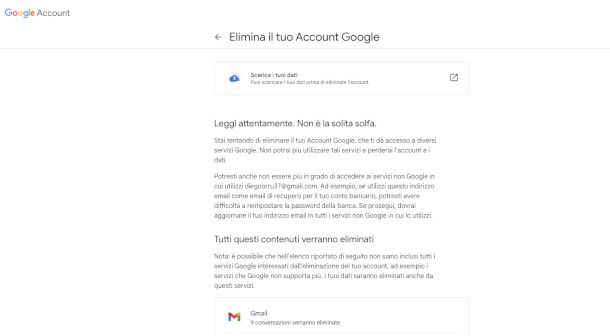 pagina eliminazione account 
