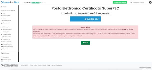 pagina di attivazione SuperPEC LetteraSenzaBusta