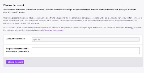 Eliminare account Twitch da computer