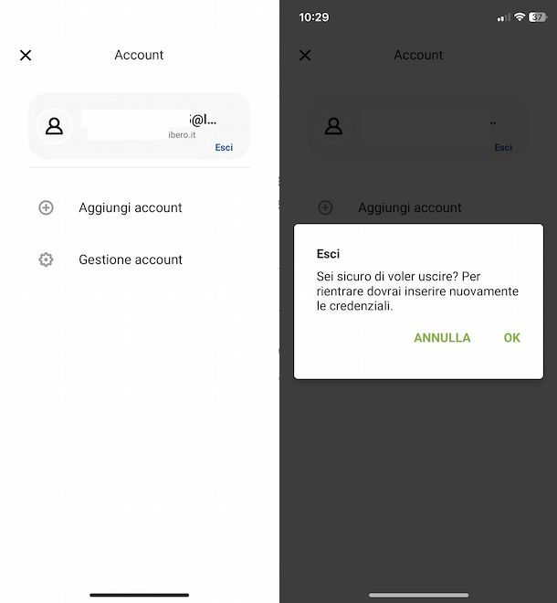 Eliminare account app Libero Mail