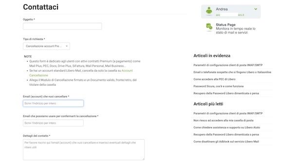 Eliminare account Libero Premium
