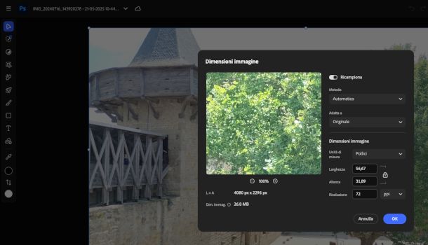 finestra dimensione immagine su Photoshop online