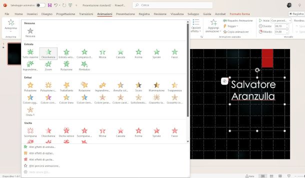selezione animazione testo da Powerpoint PC