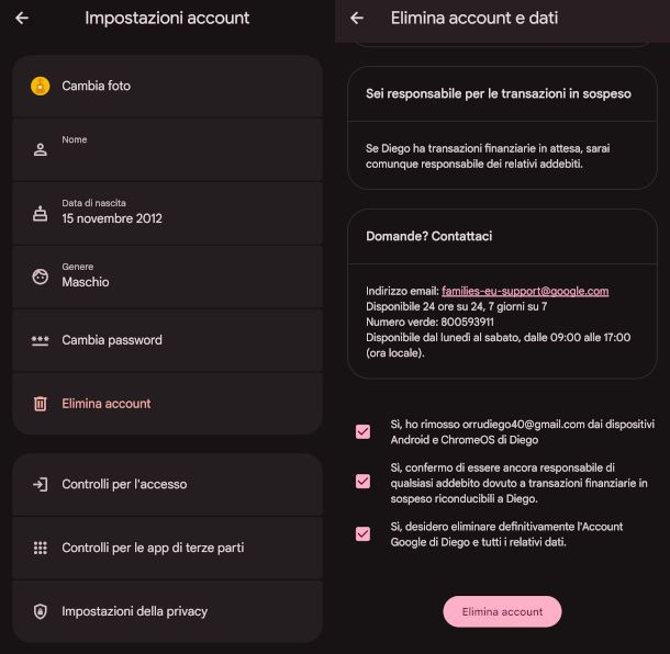 eliminazione account bambino con meno di 14 anni da app Family Link