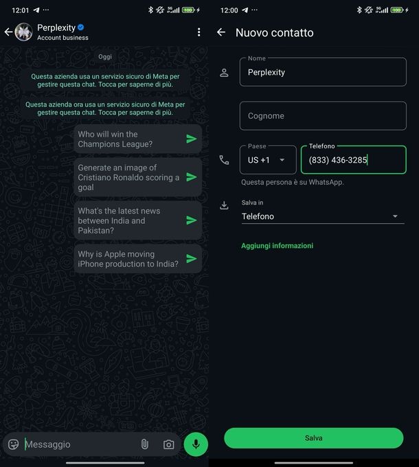 Aggiungere Perplexity WhatsApp