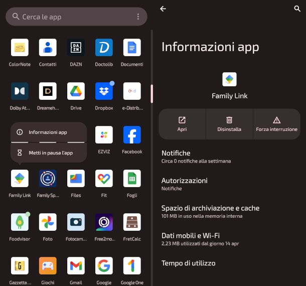 disinstallazione app Family Link Android