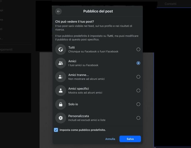 Modificare pubblico post Facebook Web