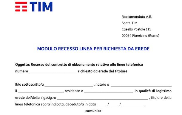 Modulo TIM per disdetta linea per decesso