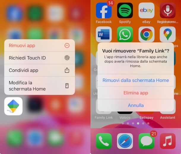 disinstallazione app Family Link su iPhone