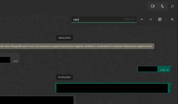 Andare inizio chat WhatsApp Windows
