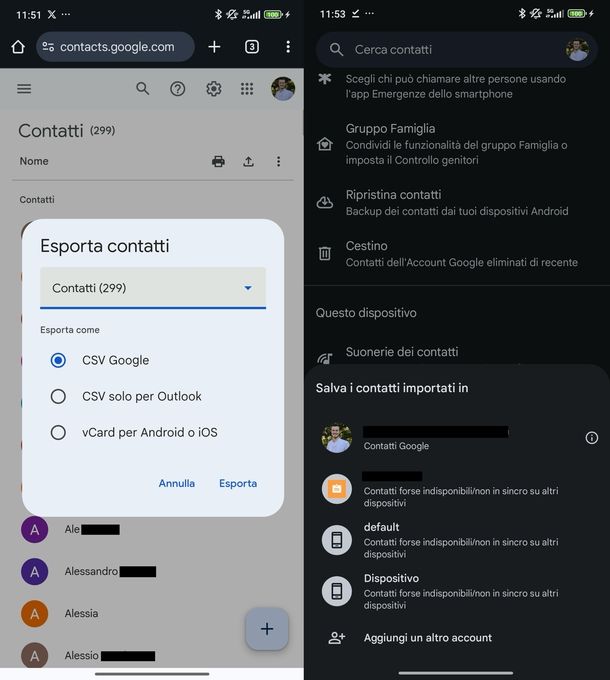 Importare contatti Android sito