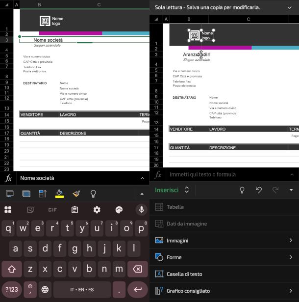 schermate app Excel editing fattura