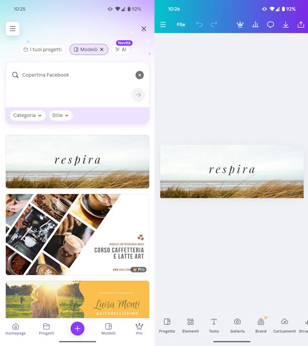 Copertina Facebook su app Canva