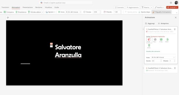 pannello Riquadro animazioni Powerpoint online
