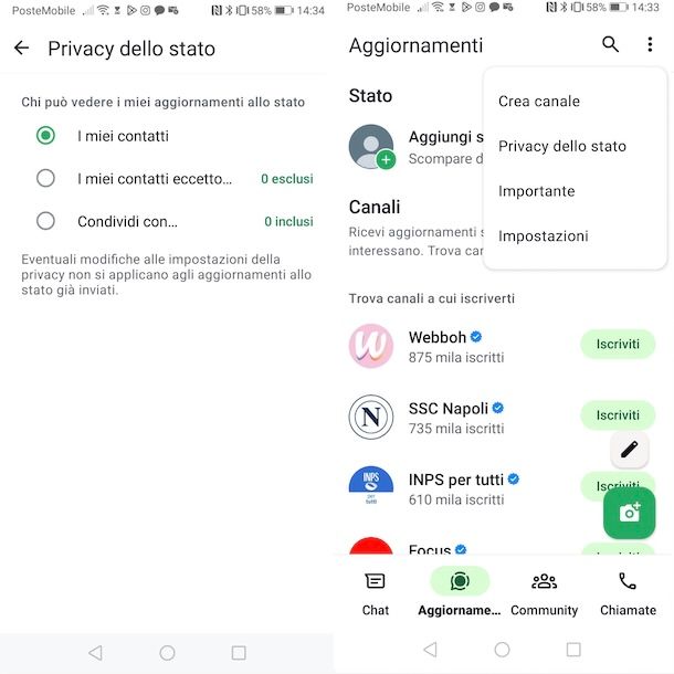 Privacy dello stato di WhatsApp