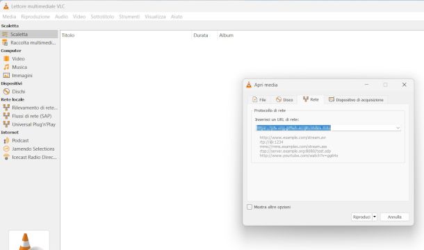 schermata di configurazione VLC per IPTV