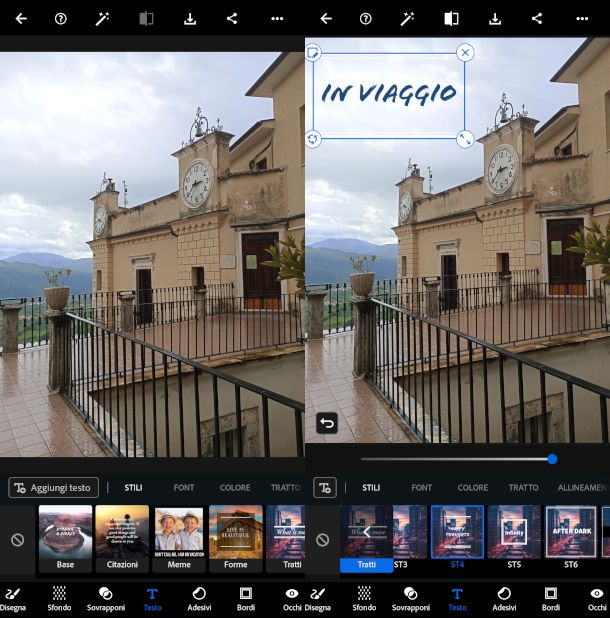 schermate app Photoshop Express con strumento Testo