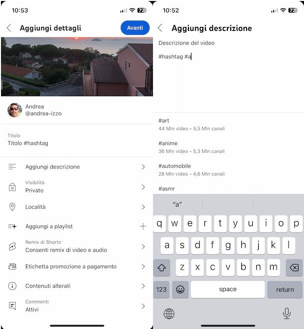 Mettere hashtag su YouTube da app