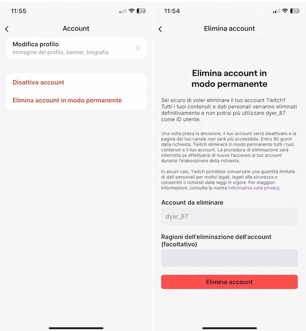 Eliminare account Twitch da telefono