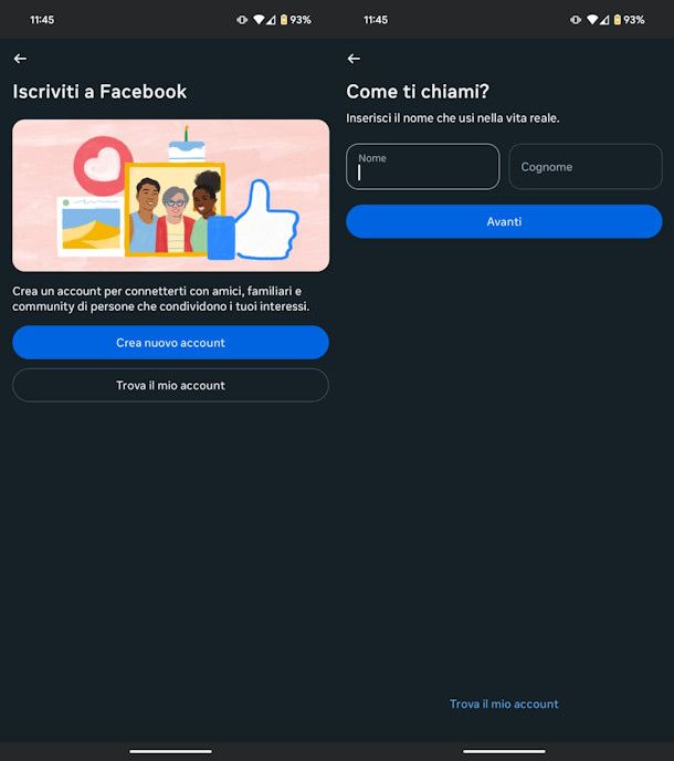 Nuovo account Facebook da app