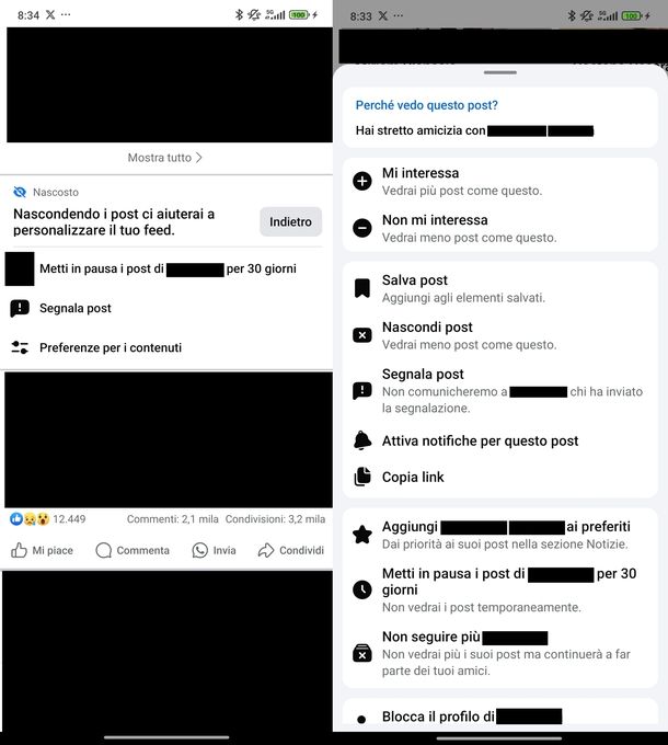 Nascondere post Facebook Android