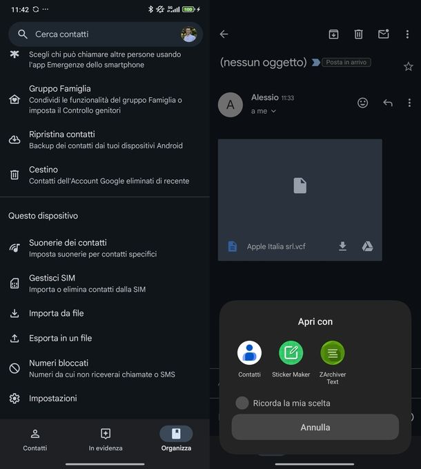 Importare contatti Android app