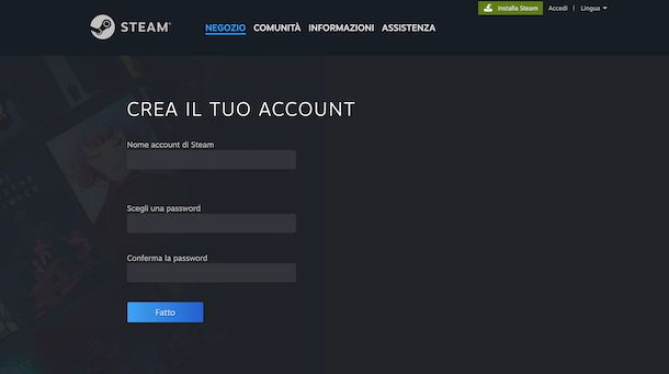 Creare nuovo account Steam Web
