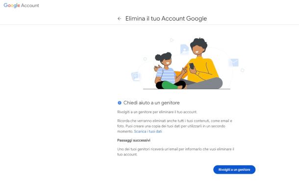 messaggio di blocco disattivazione account minore di 14 anni
