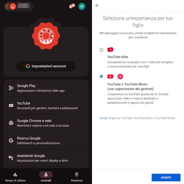 configurazione YouTube su app Family Link