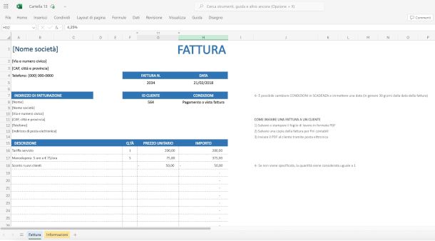 modello di fattura su Excel online