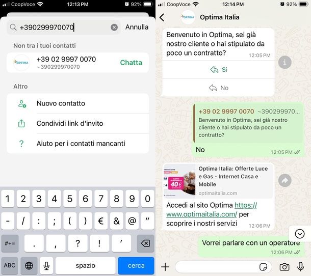 Optima Italia WhatsApp chat con operatore