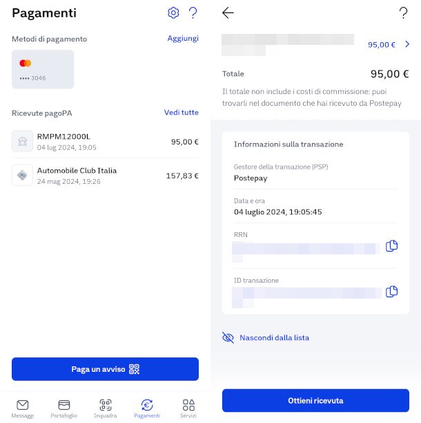 schermate app Io per download ricevuta pagoPA