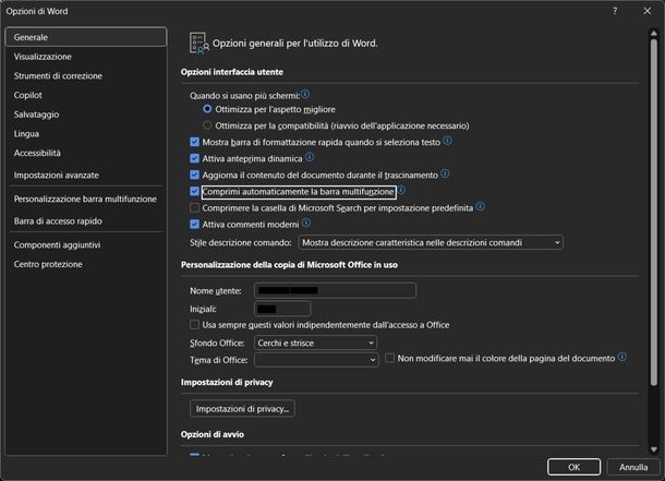 Minimizzare barra multifunzione Office impostazioni Windows